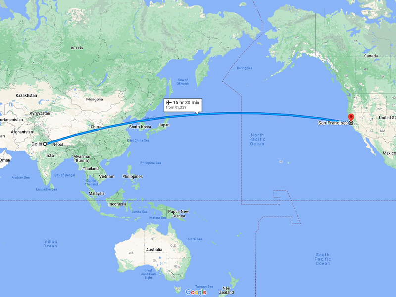مسیر پروازی دهلی به سن فرانسیسکو