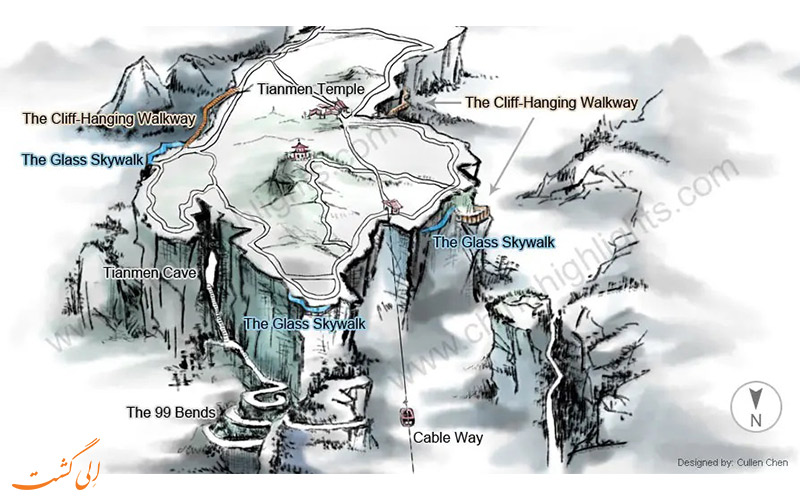 نقشه-جاذبه-های پارک ملی تیان‌من چین
